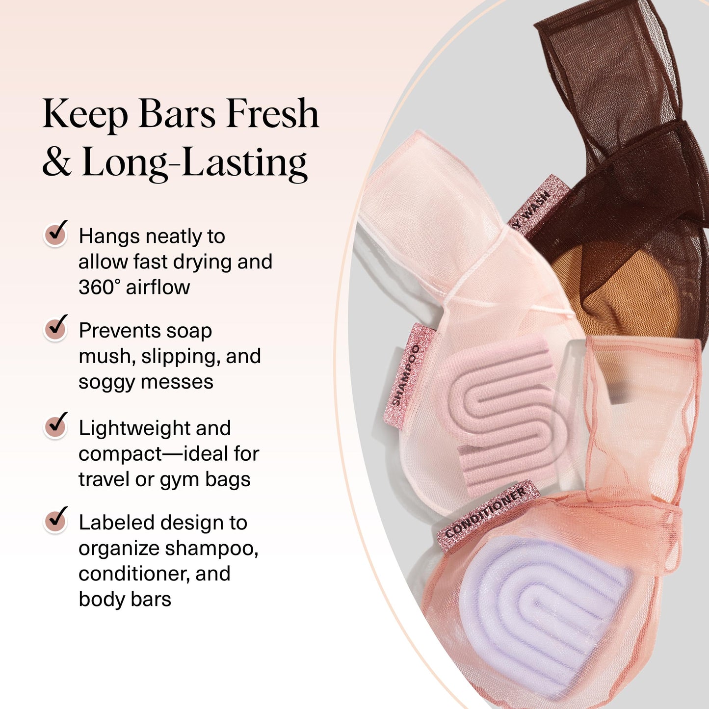 Kitsch Bar Soap Saver Bag – Patented Mesh Bag Soap Holder for Shampoo, Conditioner & Body Wash Bar - Extends Use & Prevents Soggy Mess - Recycled Mesh Pouch - Blush, Terracotta & Chocolate, 3pc Set