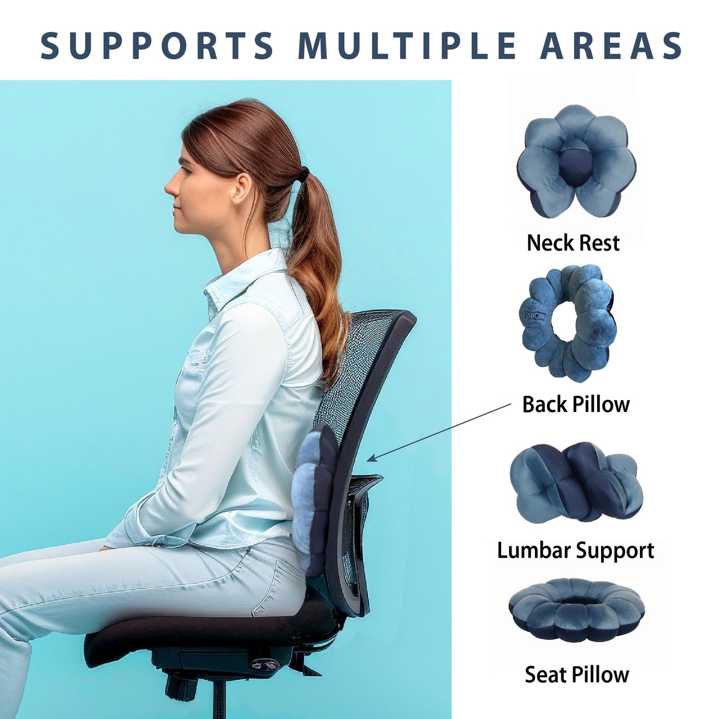 Total Pillow Donut Pillow for Airplane & Travel, Sleeping Neck Pillow, Microbead Comfortable Pillow for Neck, Head, Back, Lumbar & Pelvic Support, Twists to Many Positions - Blue