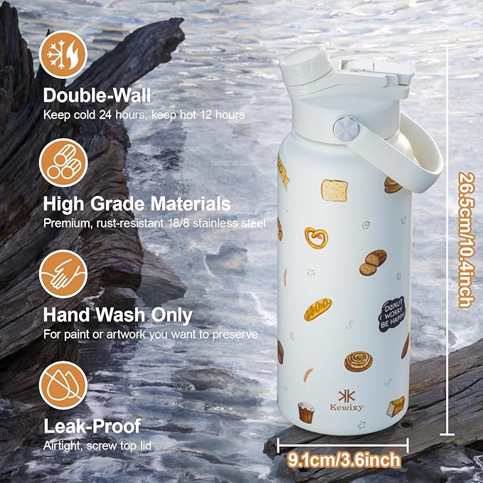 32 oz Insulated Water Bottle, 2-in-1 Lid, Straw & Spout with Protected, Leak Proof, Keep Cold, Stainless Steel, Metal, Reusable, Handle, for Travel, Gym and School, Bake Beige