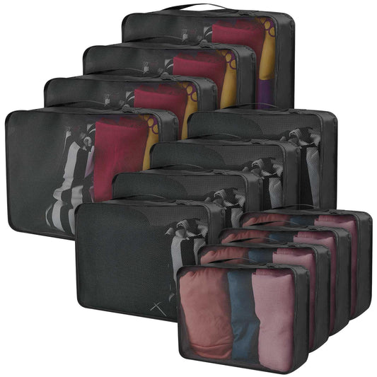 Silkfly 12 Pcs Packing Cubes for Suitcase Travel Luggage Bags Bulk Mesh Organizer Set for Hiking Camping Backpacking Clothes Accessories (Black,XL, L, M Size)