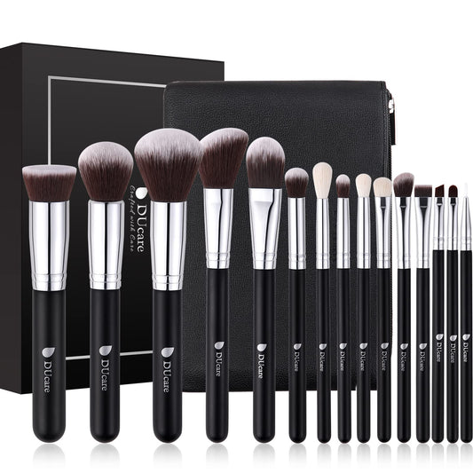 DUcare Makeup Brushes with Bag,15Pcs Makeup Brush Set Christmas Gift Travel Kabuki Foundation Blending Blush Eyeliner Shadow Brow Concealer Brushes Kit Black