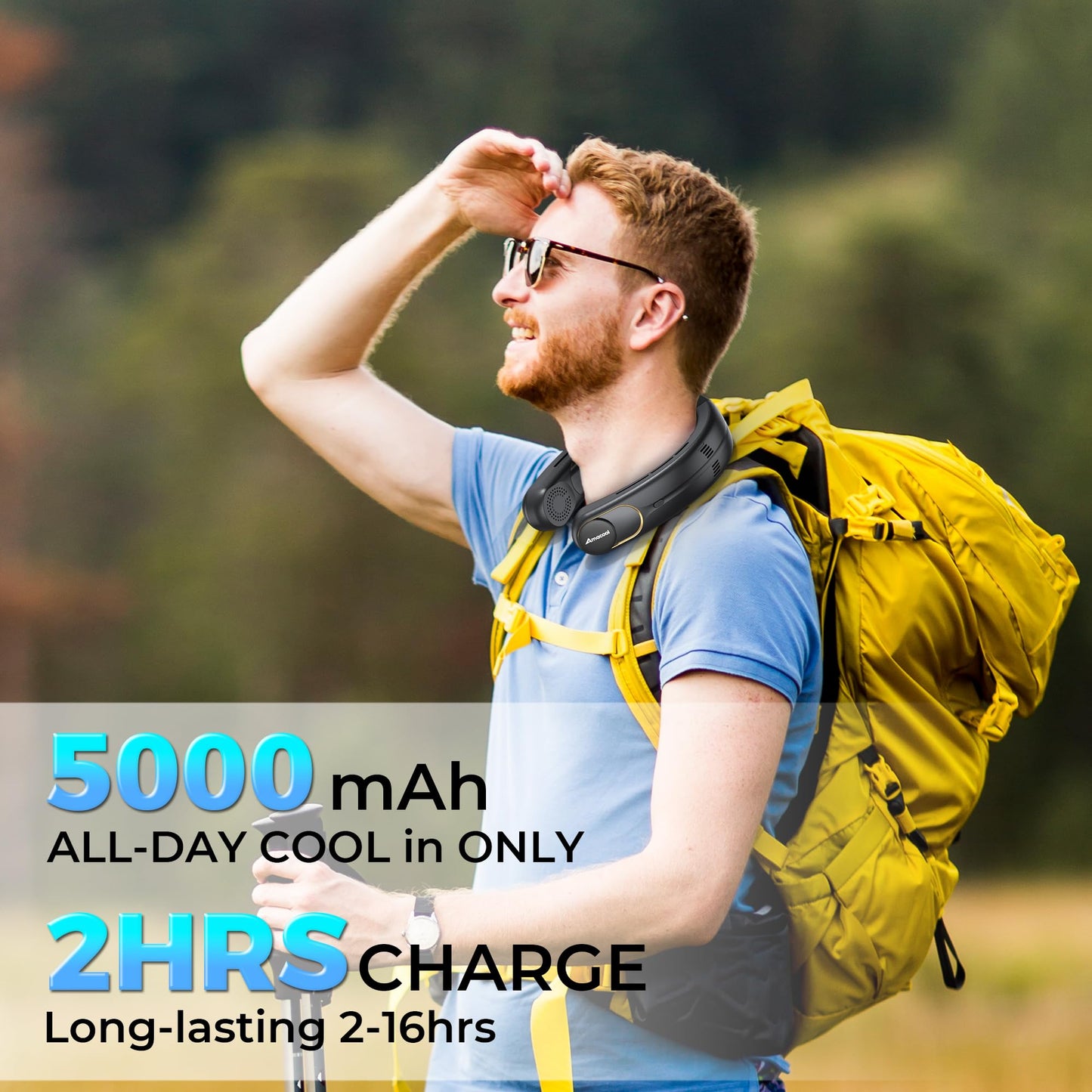 AMACOOL Portable Air Conditioner Portable Neck Fan, 3-Speed Hands Free, 5000mAh Rechargeable Battery Bladeless USB Fan, Long Lasting with LED Screen Cooling for Gift Working Travel Indoors & Outdoors