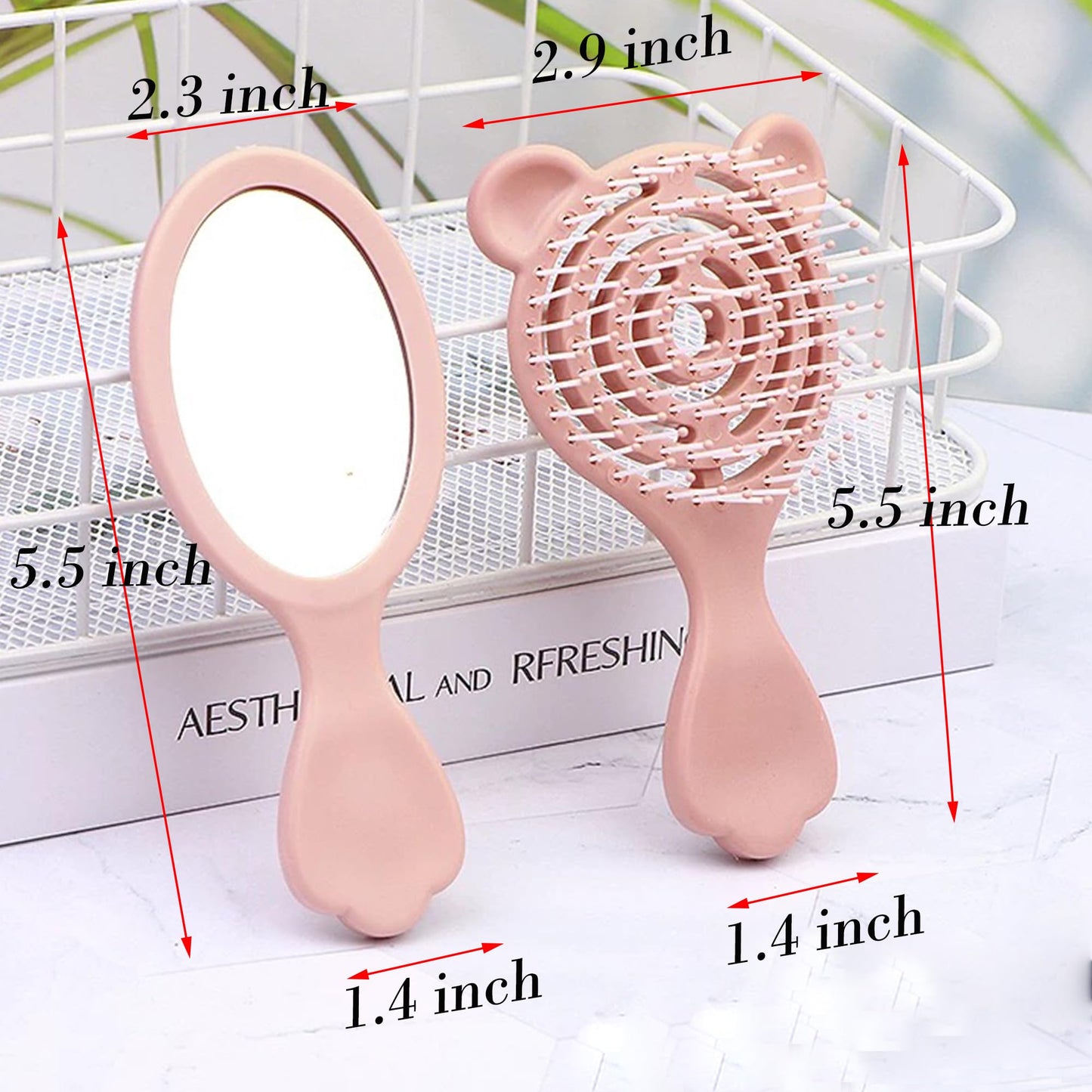4 Pieces Mini Hair Brush Hair Comb Set For Women Girls Kids Toddler Small Travel Hair Combs Brushes Handheld Mirror Set Detangling Comb Massage HairBrush with Air Cushion (Pink)