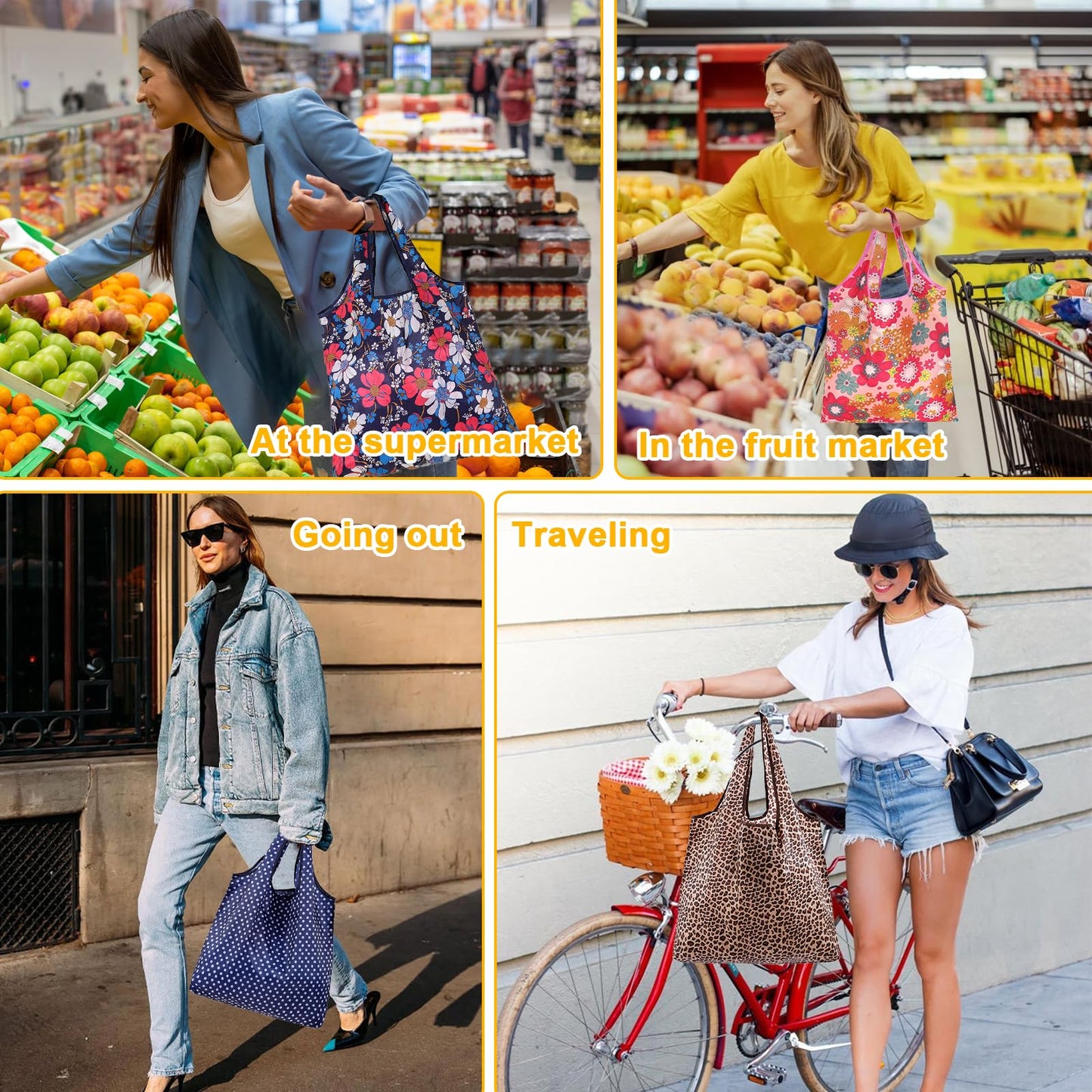 PENGJINYU 6 Pcs Reusable Shopping Bags Foldable,Grocery Bags in Pocket,Waterproof and Machine Washable,Eco-friendly Travel Recycle Polyester Tote Bags for Daily Shopping Supplies load