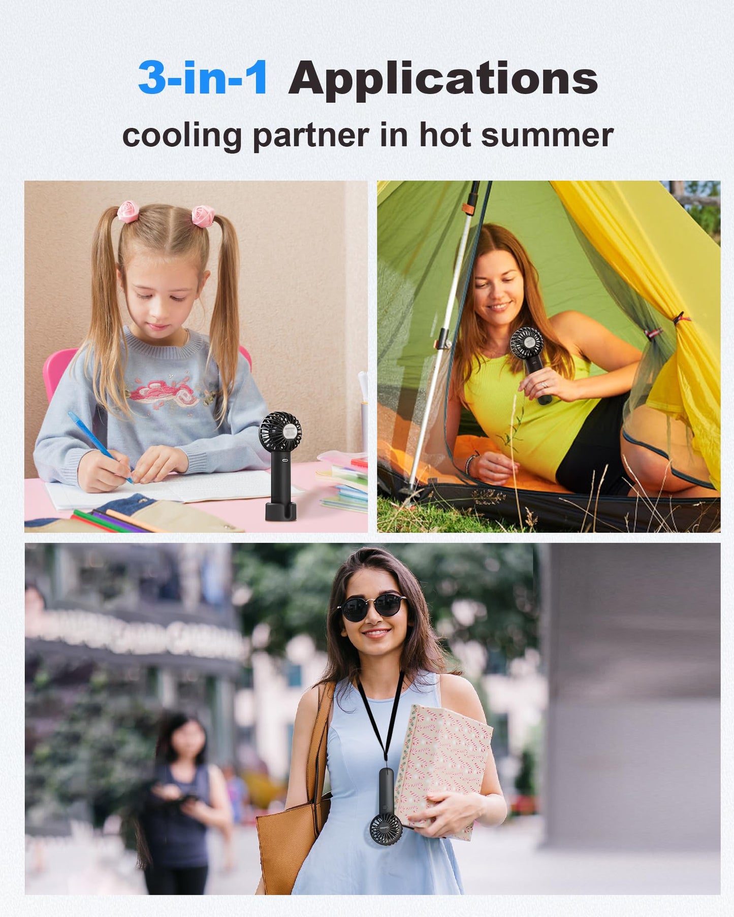 Coohea Mini Handheld Fan, Small Cute Design, 3 Powerful Speeds, USB Rechargeable Battery Operated, Personal Portable Fan with Base & Lanyard, for Eyelash Makeup Travel Beach Office Desk, Black