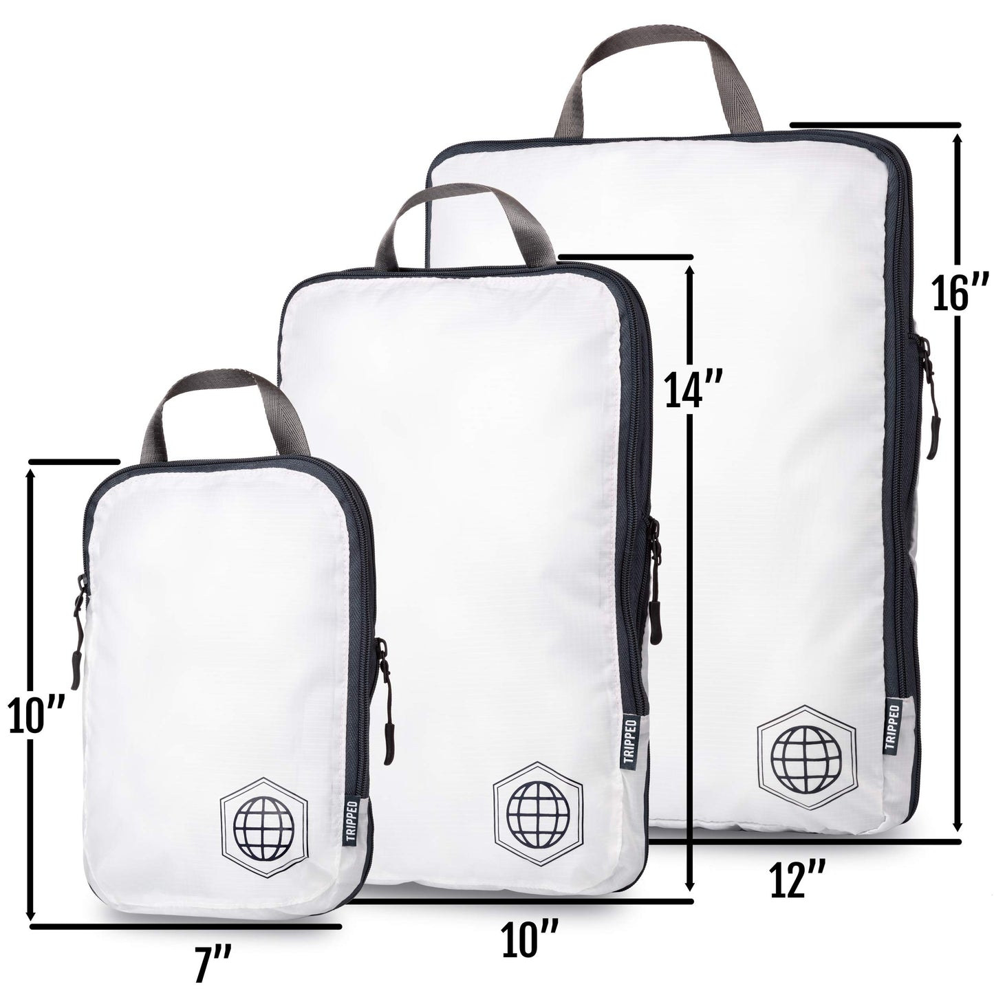 Large Compression Packing Cubes 6 Piece Set for Travel with Lightweight Laundry Bag for Carry-On Suitcase by TRIPPED Travel Gear (White)