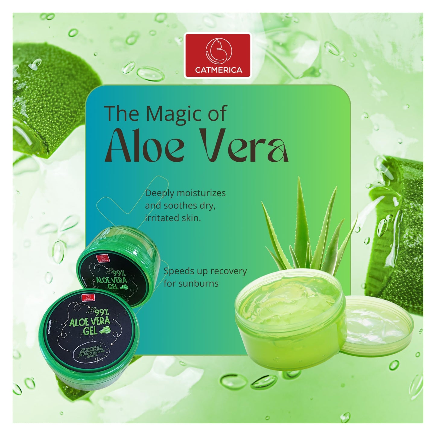 CATMERICA - Aloe Vera Gel – 99% Pure, Fast-Absorbing and No-Residue Moisturizer, Non-Sticky - Aloe Vera can be good for Sunburn, after tanning, Dry Skin, Body, face & hair Care – 10.1 fl oz (300g).
