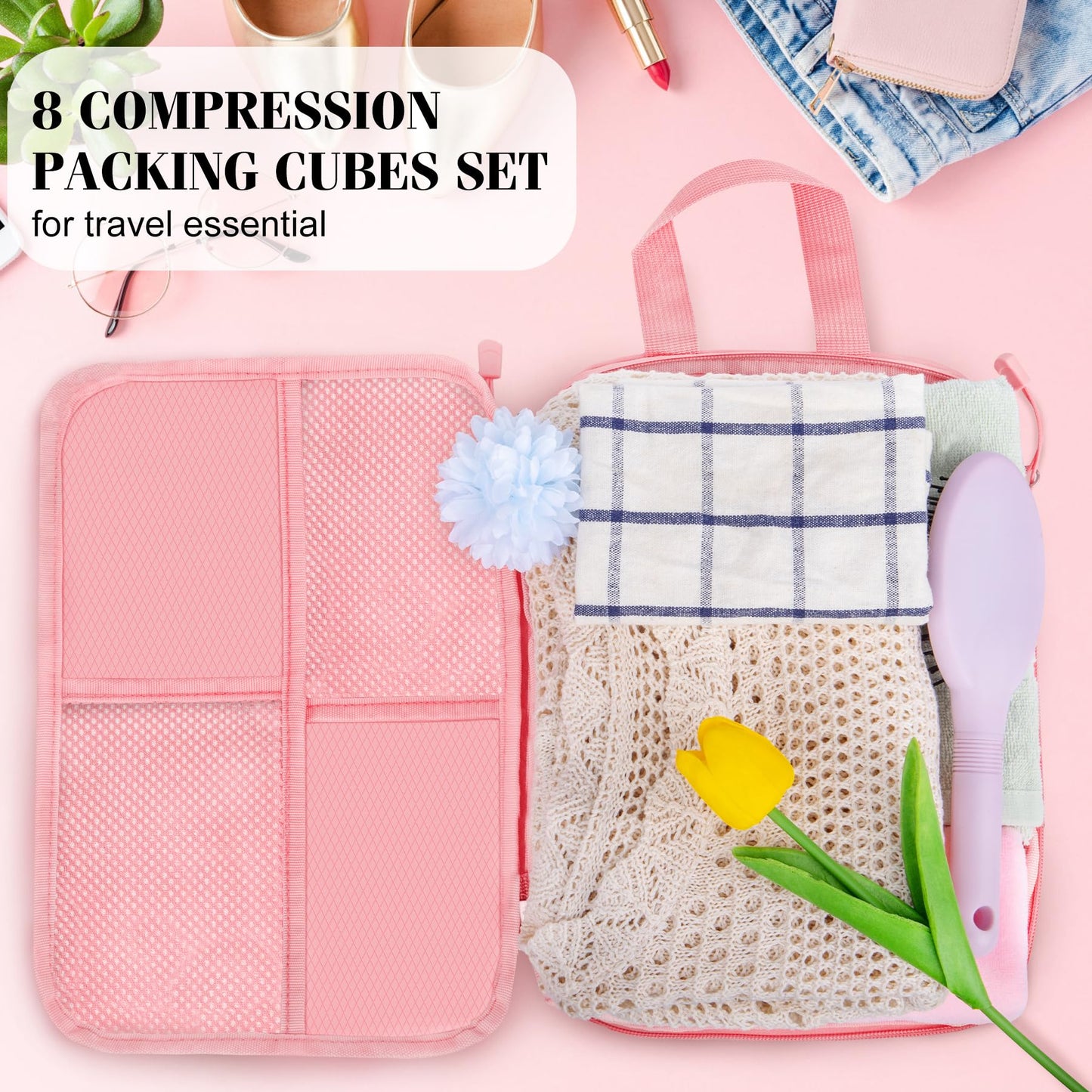 8 Set Compression Packing Cubes Travel, Lightweight Expandable Travel Cubes Suitcase Organizer for Carry On Luggage Suitcase, Pink