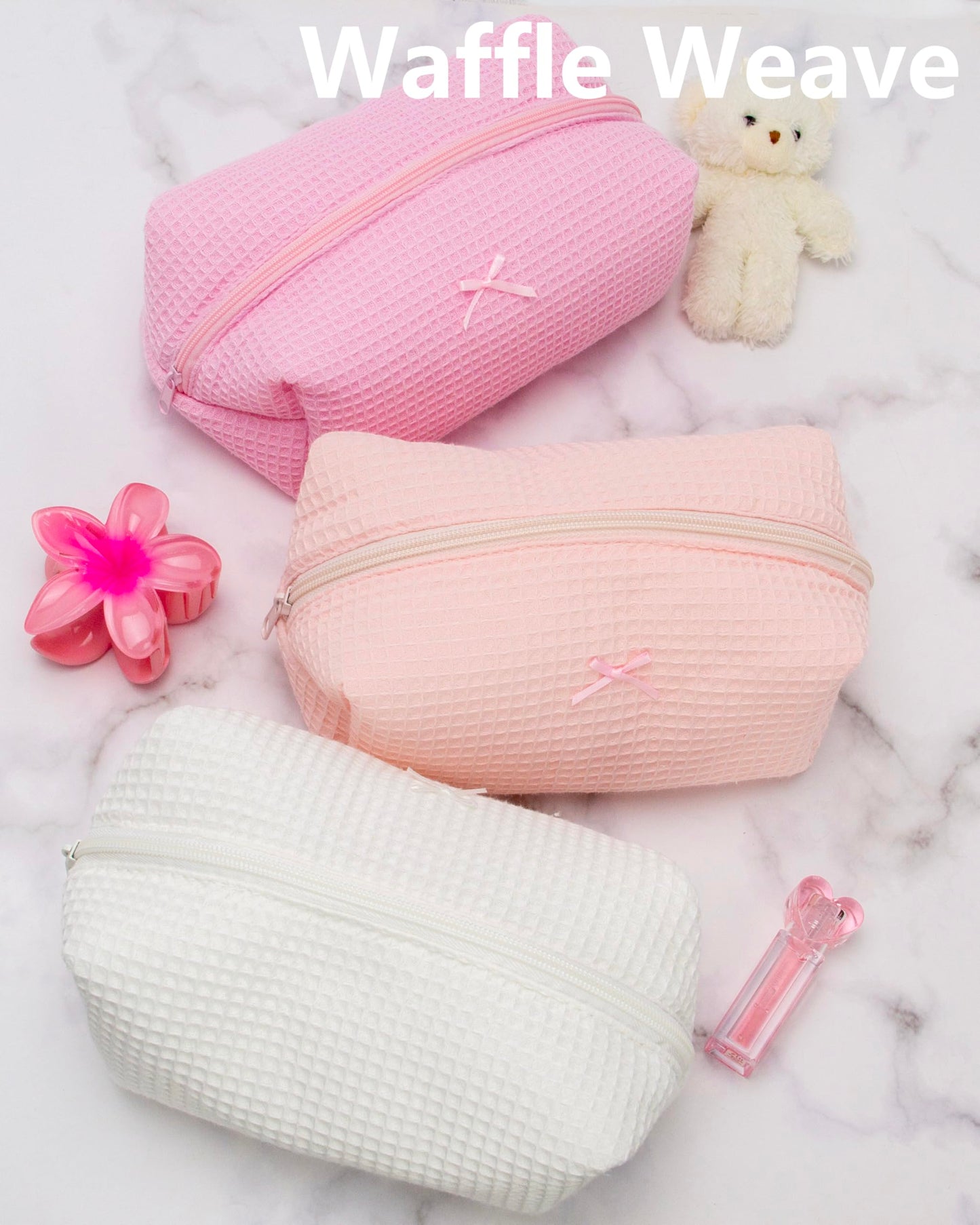 Cozy Makeup Bag Travel Cosmetic Bag for Women Soft Toiletry Bag Aesthetic Makeup Organizer Portable Large Zipper Pouch for Skincare Beauty Accessories Brushes Waffle Check Light Pink