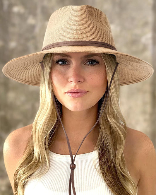 FURTALK Womens Summer Straw Sun Hats Wide Brim Panama Fedora Beach Hat with Wind Lanyard UPF 80+ Khaki