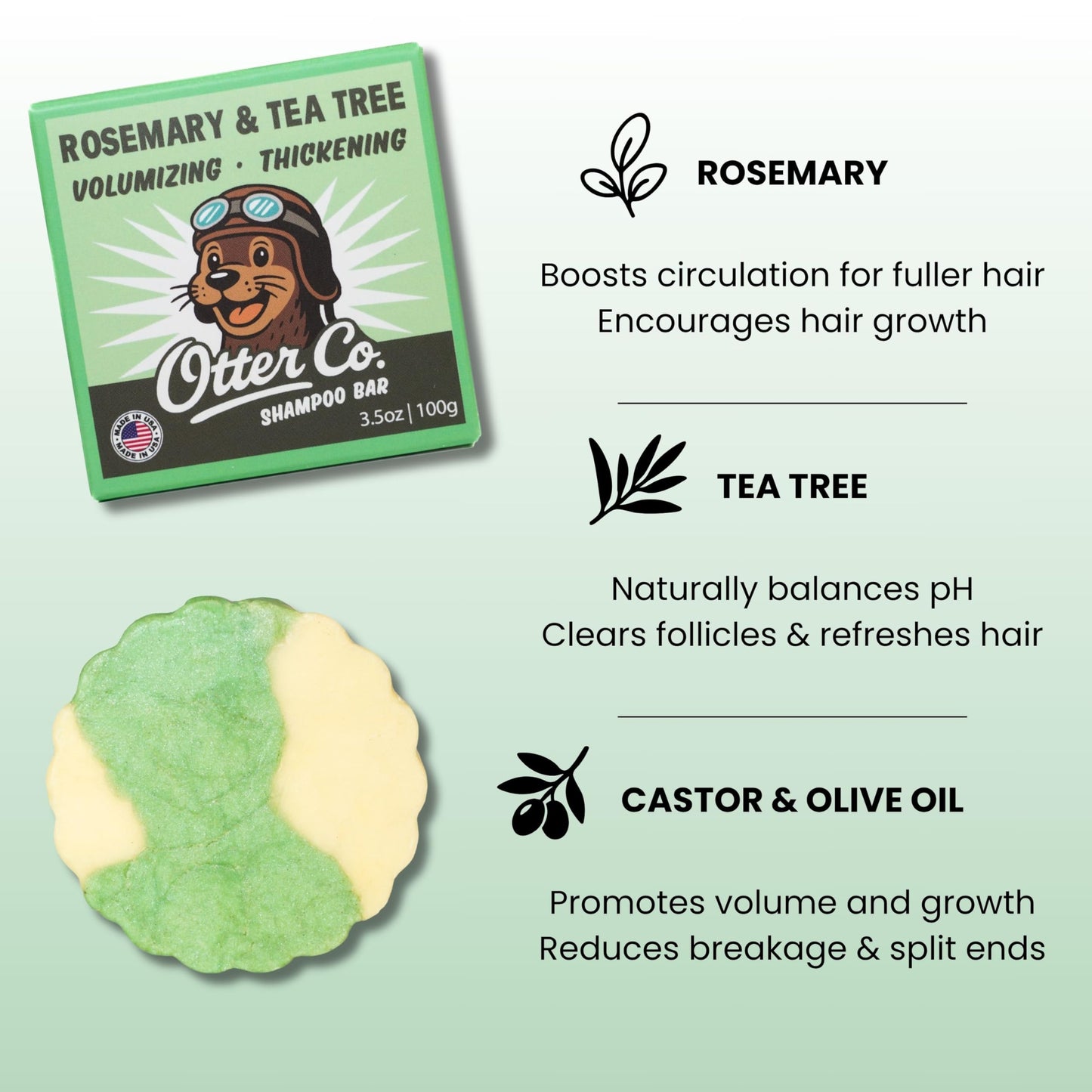 Otter co. Tea Tree and Rosemary Volumizing and Thickening Shampoo Bar - Olive Oil, Green Tea, Nettle, Zinc – Vegan, Sulfate Free & Non Toxic – Women and Mens Shampoo, All Hair Types, Made in USA