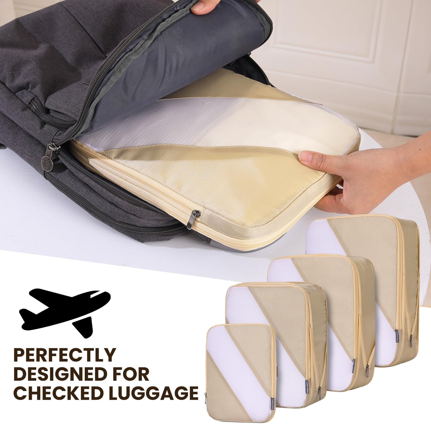 PFEYRPK Travel Packing Cubes, Compression Organizer Set of 4, Lightweight Storage for Suitcase, Vacation, Business Trips (Khaki)