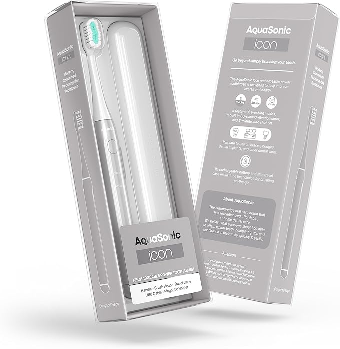 Aquasonic Icon ADA-Accepted Rechargeable Toothbrush | Magnetic Holder & Slim Travel Case | 2 Brushing Modes & Smart Timers | Gentle Micro-Vibrations (Stone)