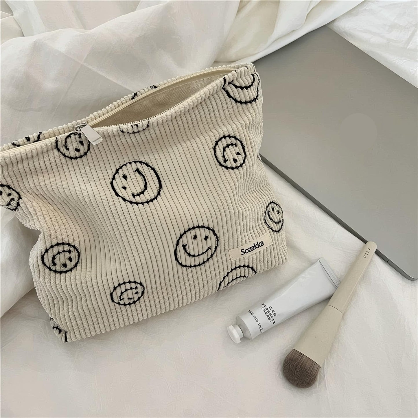 Cosmetic Bags for Women - Corduroy Cosmetic Bag Aesthetic Women Handbags Purses Smile Dots Makeup Organizer Storage Makeup Bag Girls Case Bags (A-Beige)