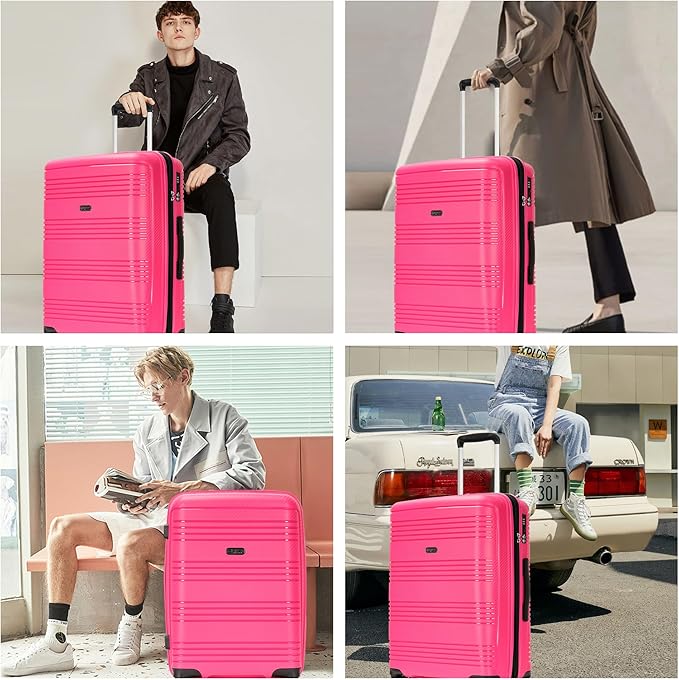 25 Inch Hardside Checked Luggage Large Lightweight Suitcase with Spinner Wheels TSA Lock, Checked-Medium 25-Inch, Dark Pink