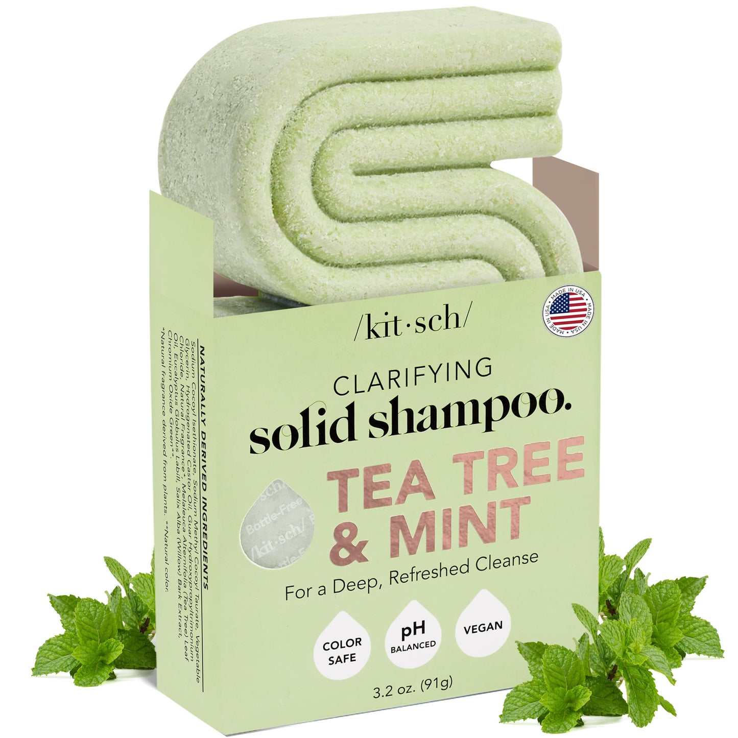 Kitsch Tea Tree & Mint Shampoo Bar - Anti Dandruff Shampoo for Itchy Scalp and All Hair Types - Natural Hair Shampoo Bar with Mint - Vegan Hair Care, Paraben & Sulfate Free, Made in USA - 3.2oz