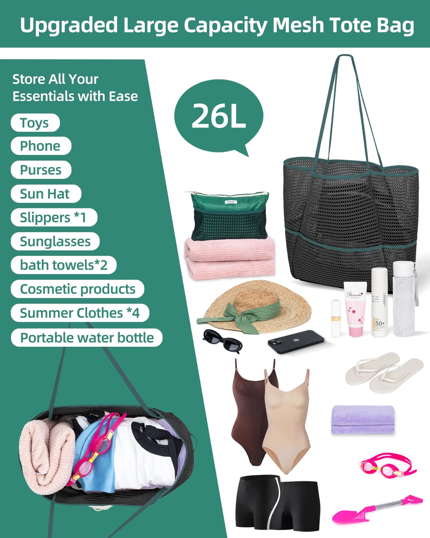 Mesh Beach Tote Bag Packable,2025 New 2-in-1 Large Lightweight Foldable Beach Bags with Multiple Pockets for Women (Black)