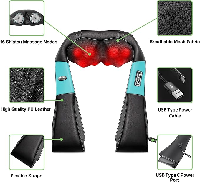 cotsoco Neck Massager, Shiatsu Neck and Back Massager with Heat for Pain Relief, Deep Tissue 3D Kneading Massage Pillow, Relaxation Gifts for Men and Women, Gifts for Dad, Elderly,Wife(Teal)