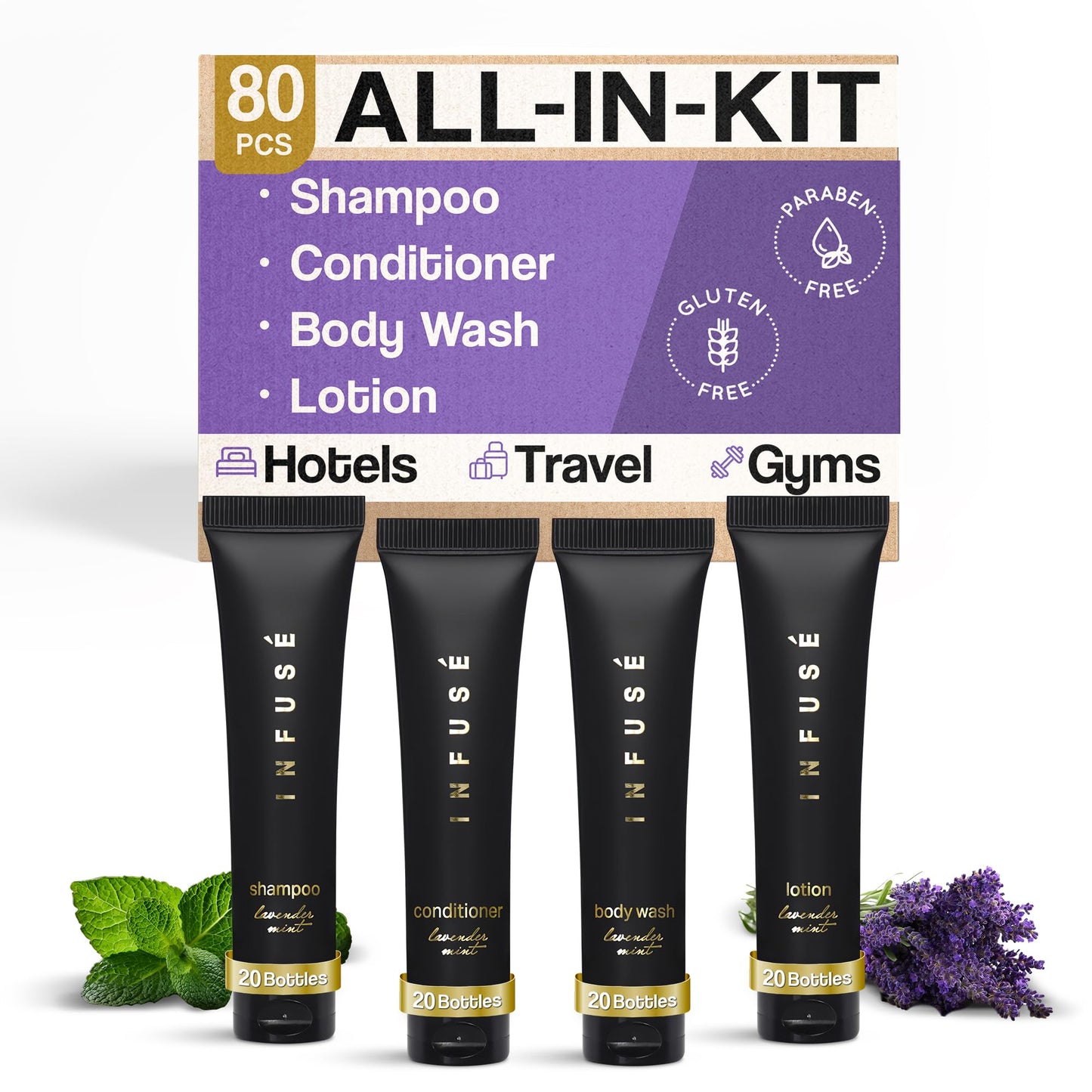 Infuse Black Soaps & Toiletries Bulk Set | 1-Shoppe Amenities Kit for Hotels & Vacation Rentals | 1 oz Shampoo, Conditioner, Body Wash & Lotion | 80 Pieces