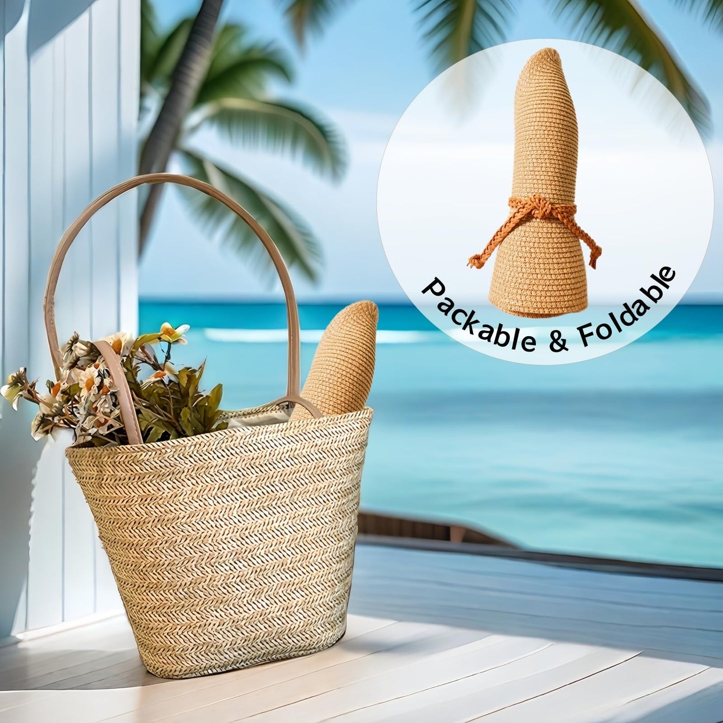 Beach Sun Straw Hats for Women, Summer Sun Protection Foldable Packable Wide Brim Hat,Khaki