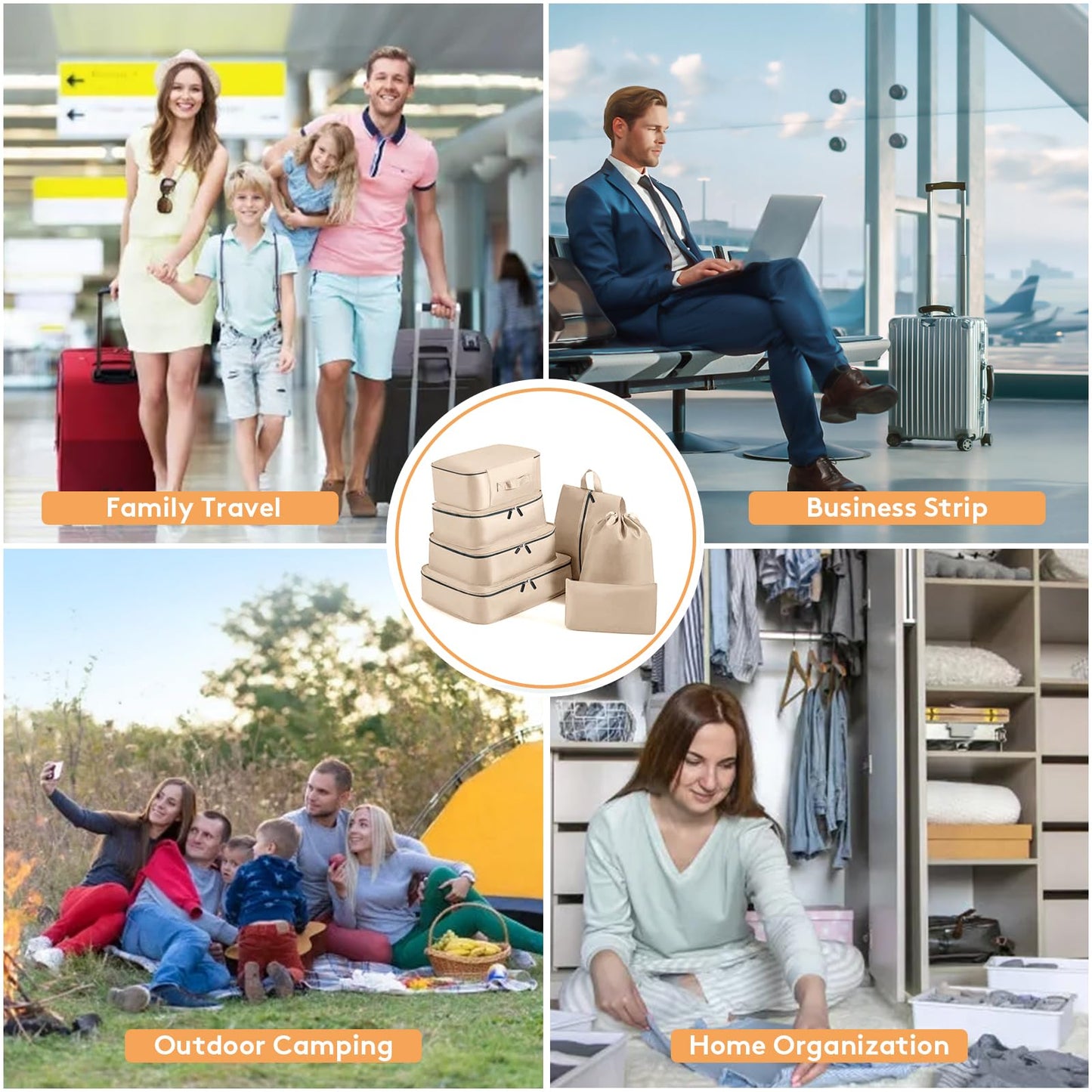 Lhelca 7 Set Packing Cubes Various Sizes Latest Double-Sided Water-Resistant Packing Organizer for Travel Accessories Luggage Carry On Suitcase Cream