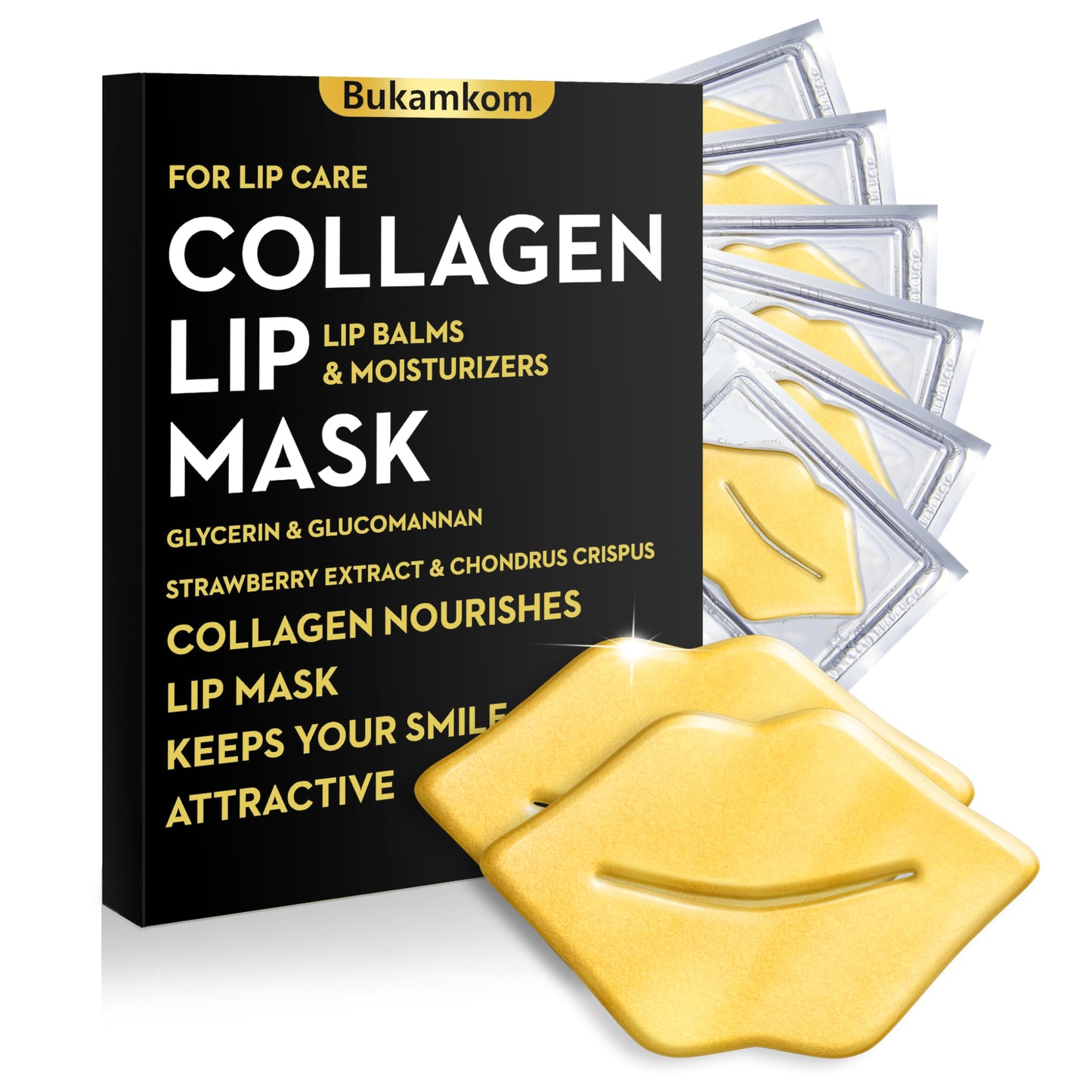 Bukamkom Collagen Lip Mask Patches Golden Sheets 20 Pack,24k Gold Overnight Lips Masks Moisturized Lips,Soothing & Nourishing Moisture,Anti-Aging,Bulk Lip Patches masks Individually Wrapped