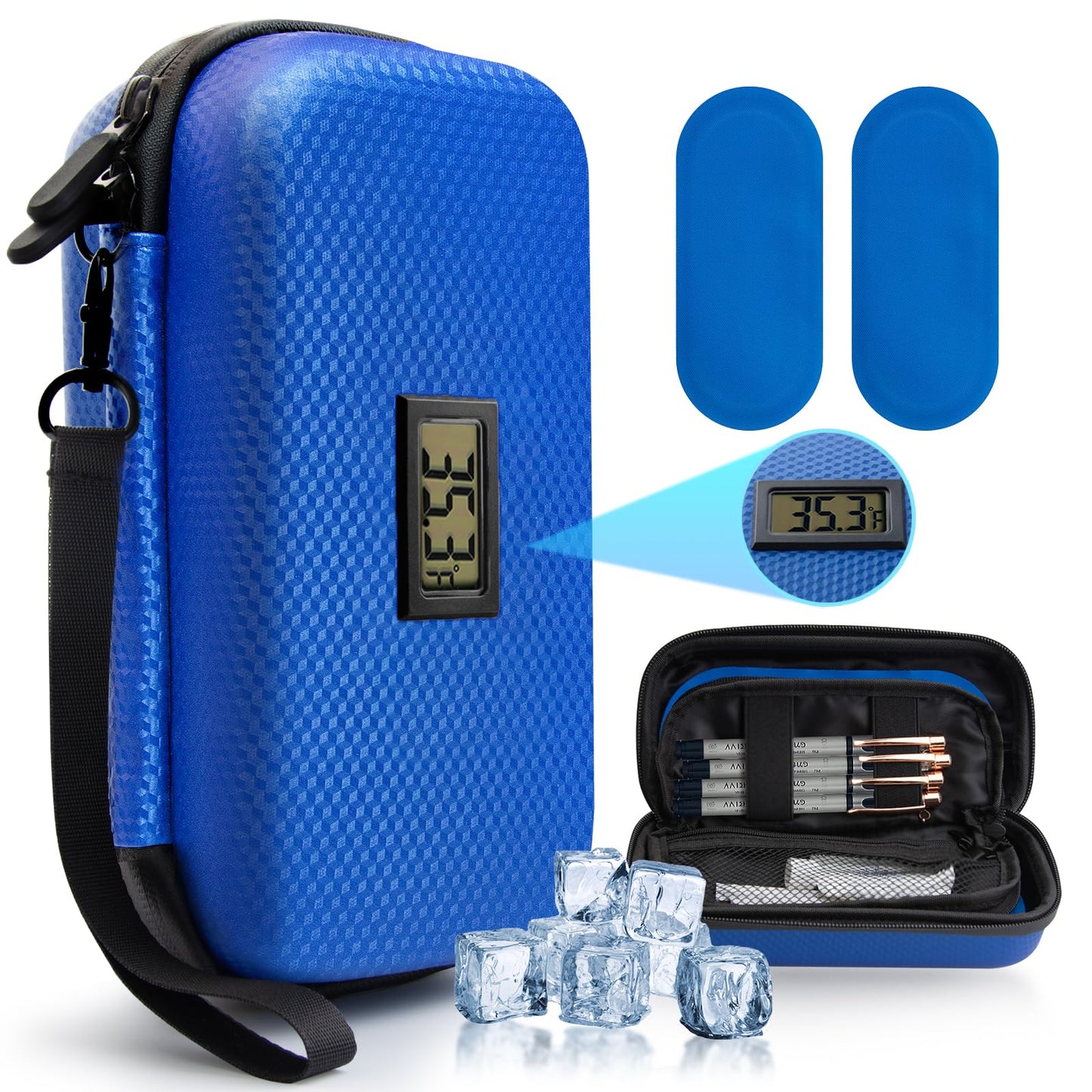 MOSKESON Insulin Cooler Travel Case - TSA Approved Medication Diabetic Cooler for Travel with Thermometer Temperature Display Refrigerated Medicine Organizer Bag with 2 Ice Pack Blue