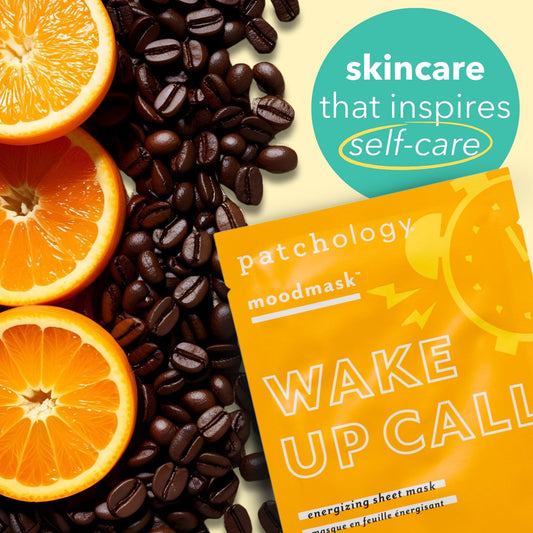 Patchology Wake Up Call Caffeine Facial Sheet Mask – Hydrating Face Mask with Caffeine, Orange Extract & Ginseng – Helps Refresh and Depuff Skin in 10 Minutes – Morning Skincare (4 Count)