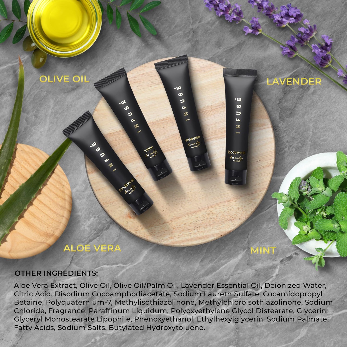 Infuse Black Soaps & Toiletries Bulk Set | 1-Shoppe Amenities Kit for Hotels & Vacation Rentals | 1 oz Shampoo, Conditioner, Body Wash & Lotion | 80 Pieces