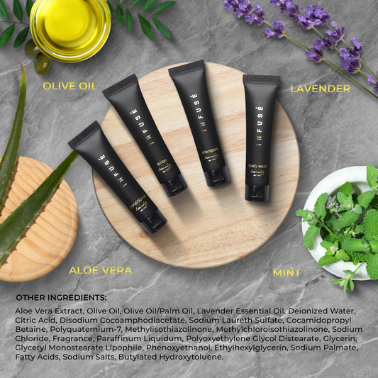 Infuse Black Soaps & Toiletries Bulk Set | 1-Shoppe Amenities Kit for Hotels & Vacation Rentals | 1 oz Shampoo, Conditioner, Body Wash & Lotion | 80 Pieces