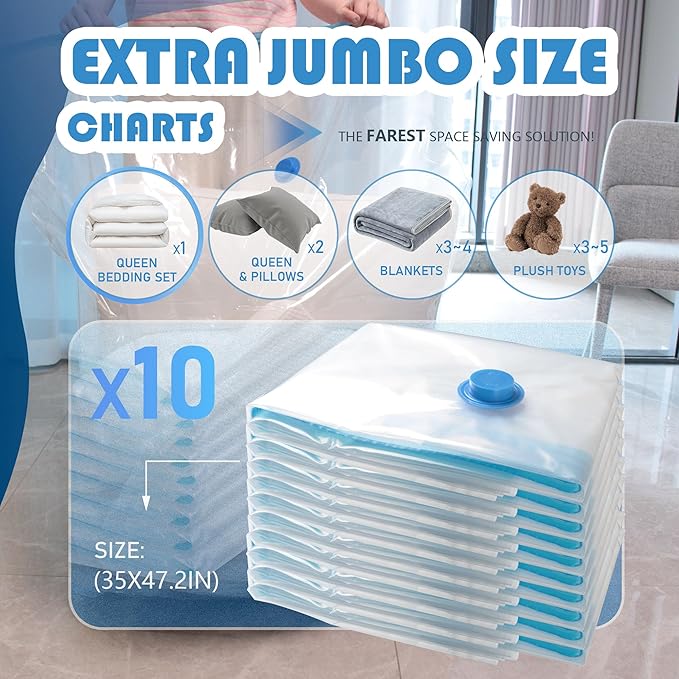 10 Pack XXL Jumbo Vacuum Storage Bags with Electric Air Pump, Space Saver Bags,Compression for Comforters and Blankets,Duvets,Pillows,Travel(47.2x35 in)