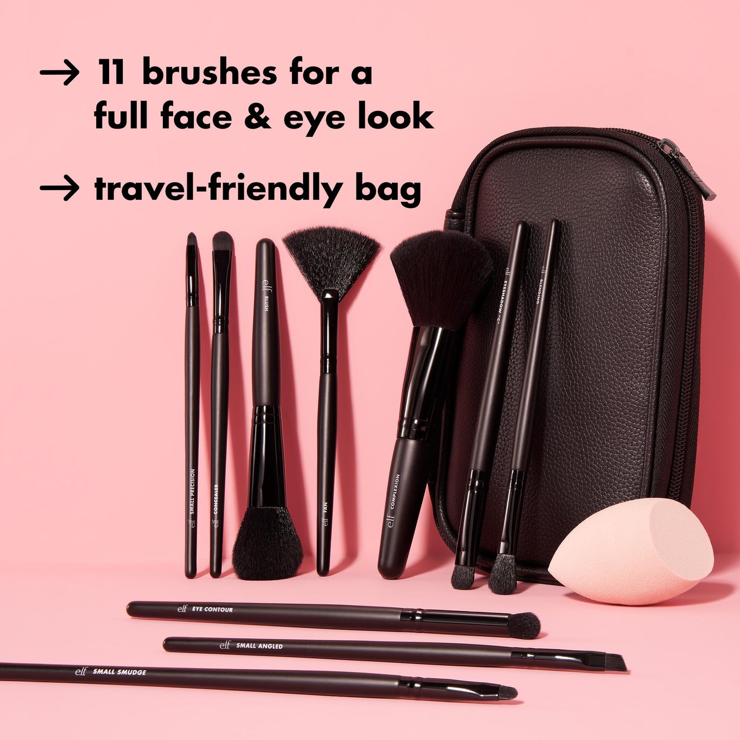 e.l.f. Full Face & Eye Makeup Brush Set with Travel Case, 11 Face & Eye Brushes For Creating A Full Face Makeup Look, Vegan & Cruelty-Free