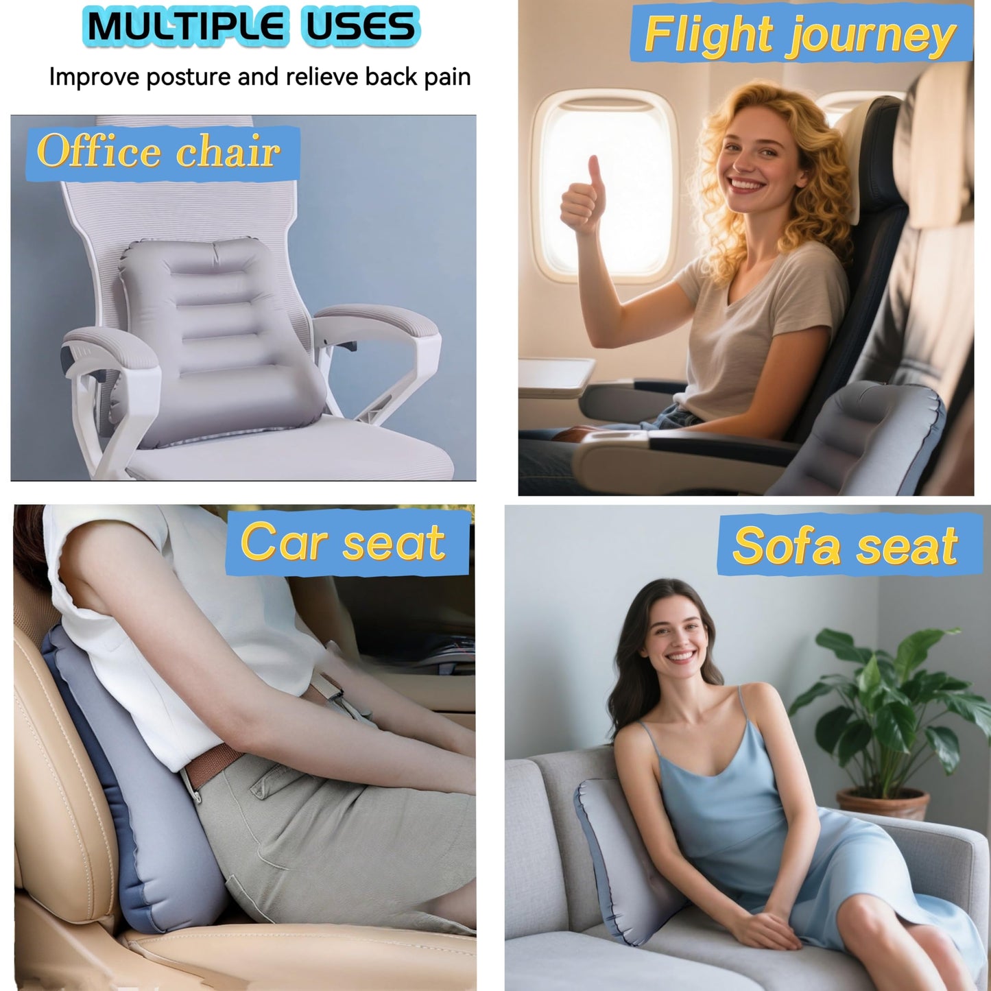 Inflatable Lumbar Support Pillow for Travel Seat and Office Chair, Back Support Pillow for Airplane Travel and Car, Lumbar Pillow for Lower Back Pain Relief and Improve Posture, Easy to Carry - Grey