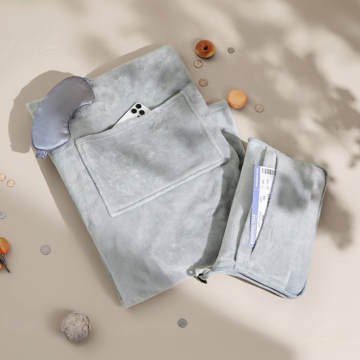 Bedsure Travel Blanket Airplane Compact with Storage Bag, Packable Blanket with Eye Mask, Lightweight 2-in-1 Travel Essentials, Functioned as Pillow for Airplane Comfort and Warmth, Grey