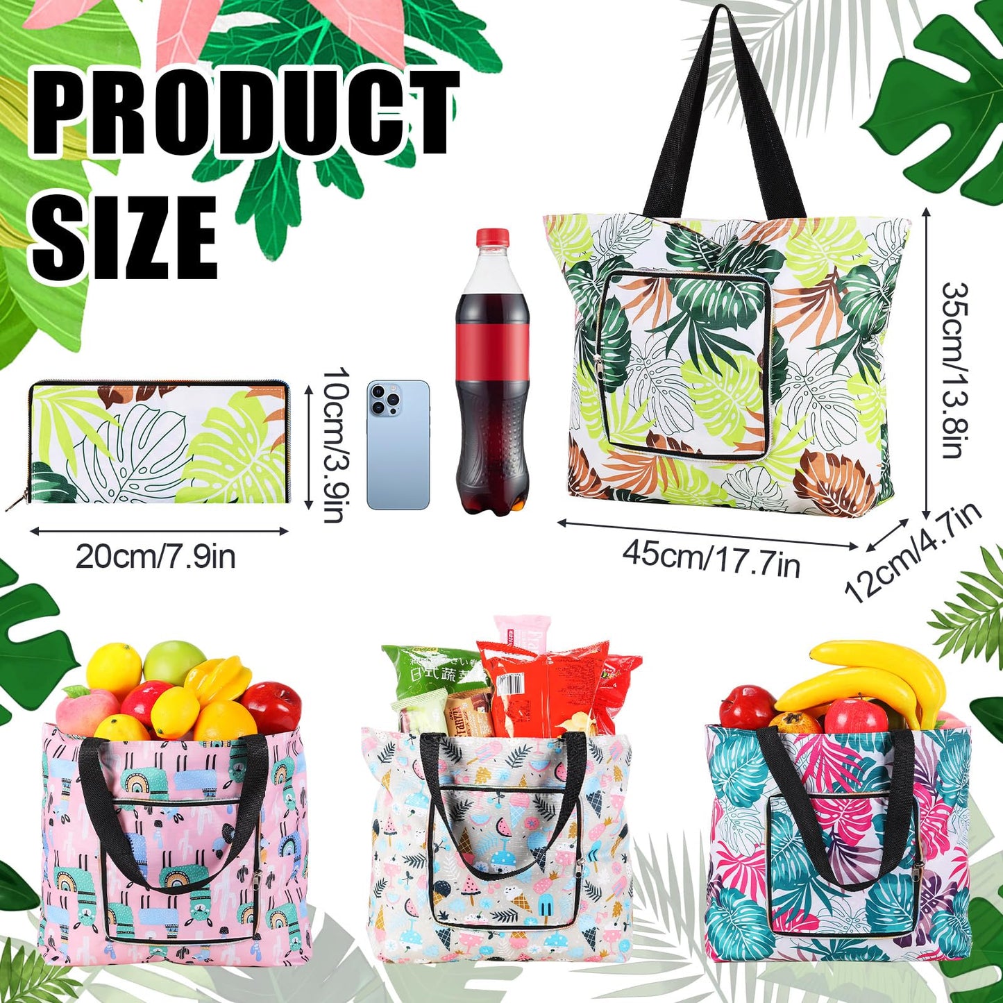 Cunno 8 Pcs Summer Reusable Shopping Bags for Groceries 13.78 x 17.72 x 4.72 Inch Beach Foldable Tote Bag with Zipper and Handles Large Capacity Waterproof Travel Tote Bags for Women Work Gym