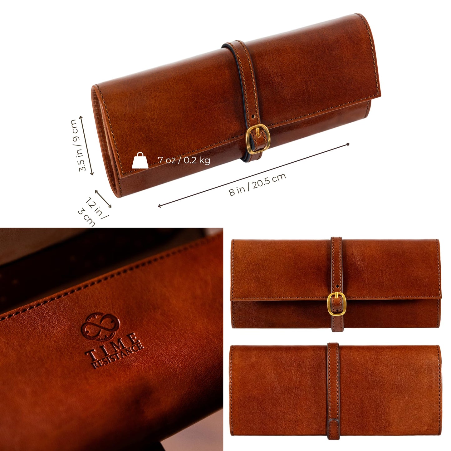 Time Resistance Leather Jewelry Roll - Full Grain Leather Travel Jewelry Case - Jewellery Organizer Made in Italy (Cognac Brown)