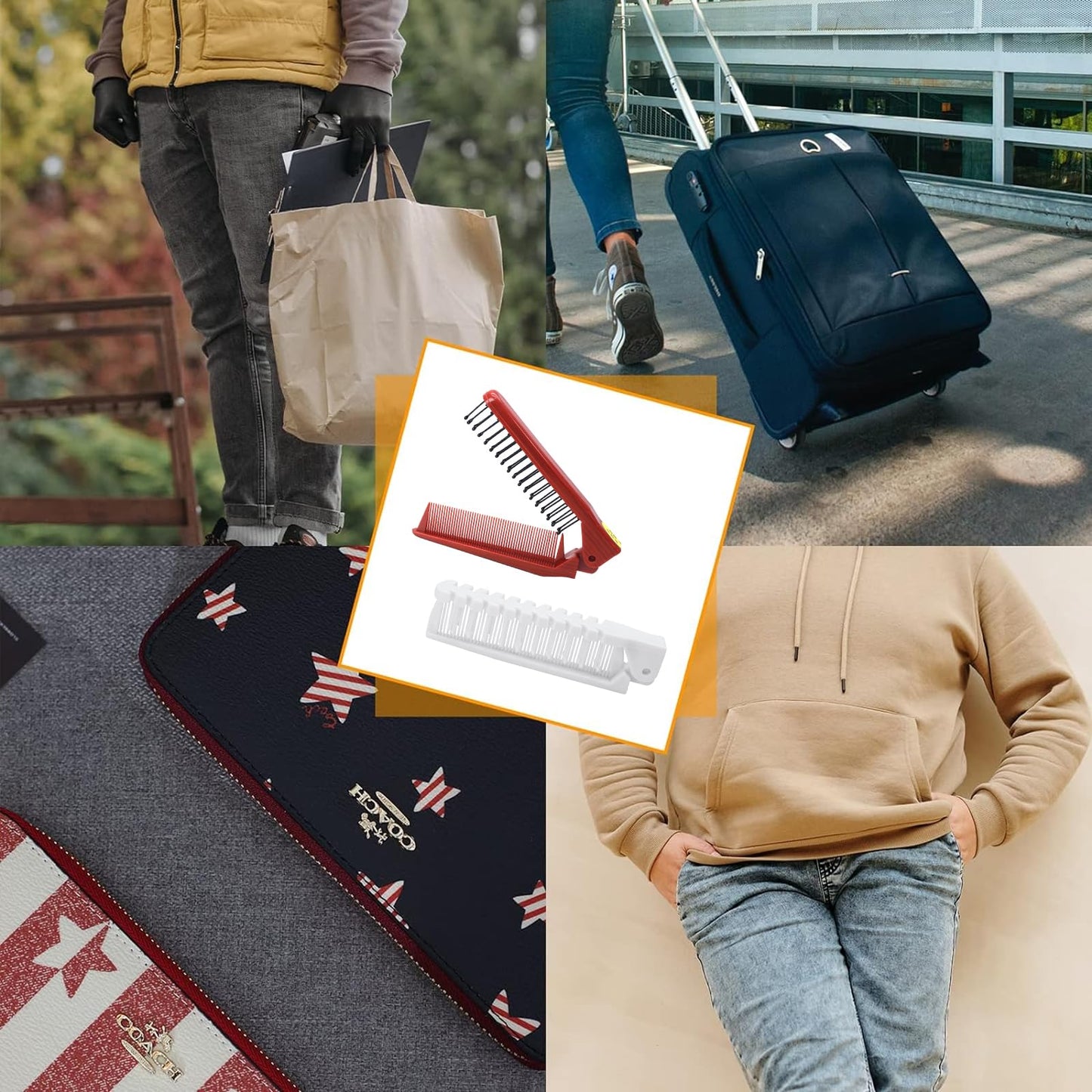 Qjaiune 6PCS Travel Foldable Hair Comb and Brush Set - Anti-Static Mini Pocket Plastic Combs, Double Headed Plastic Hairdressing Tool for Men and Women (White + Burgundy)