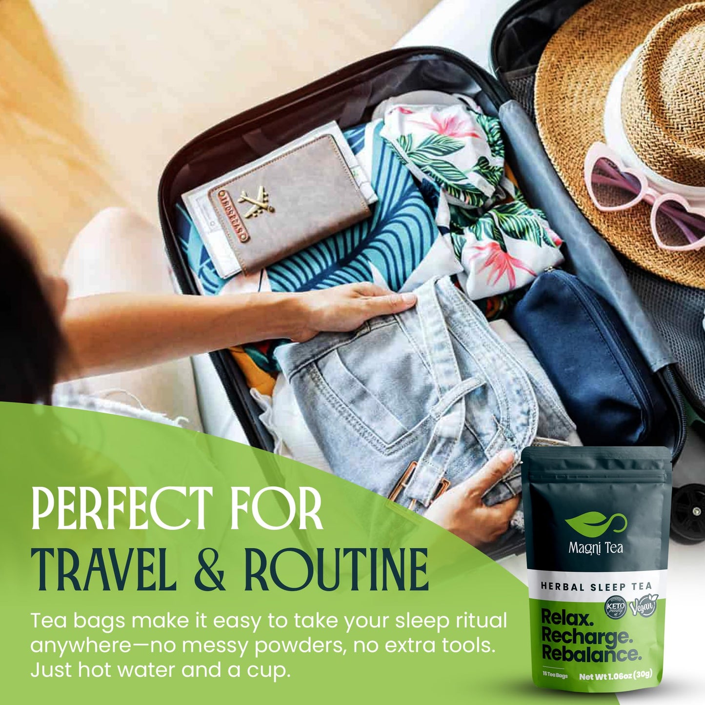 MagniTea Herbal Sleep Aid Magnesium Glycinate Muscle Relaxation Tea Ritual Valerian Root Bedtime Solution Natural Alternative KETO Friendly Vegan Certified Zero Sugar Chamomile Blend Stress Relief Melatonin Free