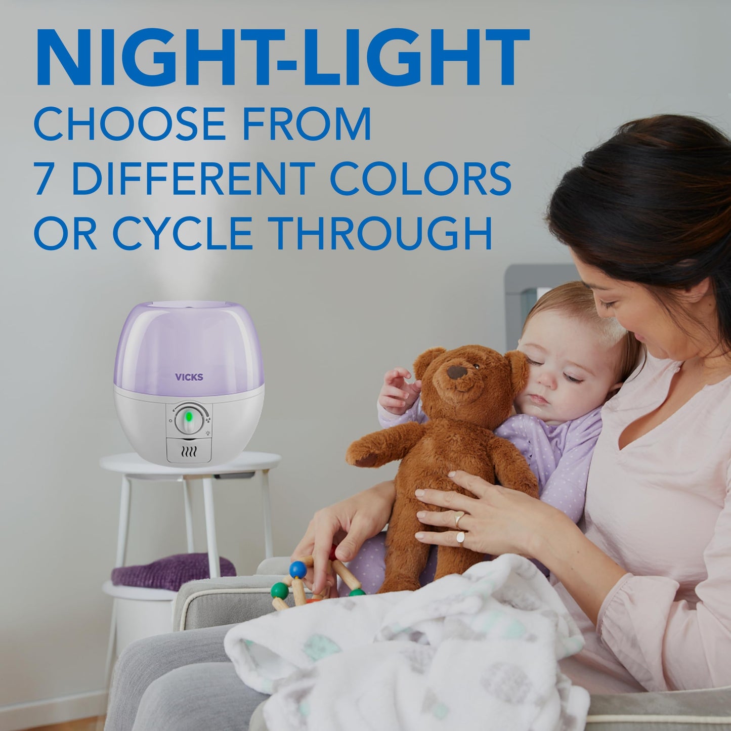 Vicks 3-in-1 SleepyTime Humidifier, No. 1 Brand Recommended by Pediatricians*. Cool Mist Humidifier with Night-Light, and Essential Oil Diffuser for Baby and Kids rooms. Visible Cool Mist, White.