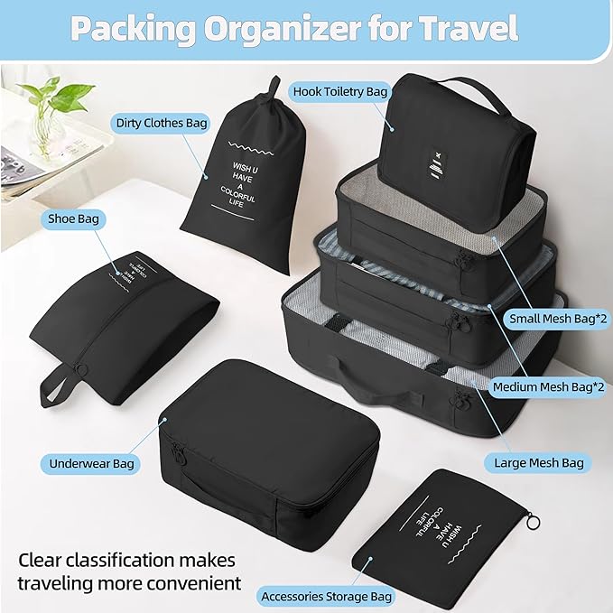 10 Pcs Set Packing Cubes - Travel Packing Organizers, Expandable Suitcase Organizer, Luggage Organizer Bags