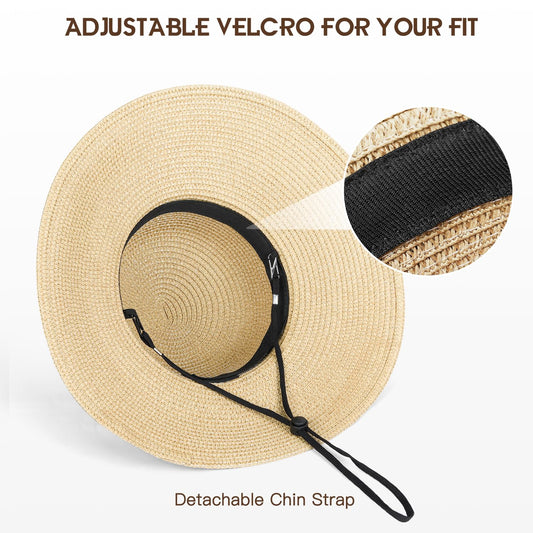 Womens Beach Sun Straw Hat - UV Protection UPF 50+ Sun Hats for Women with Wide Brim, Foldable Floppy Straw Beach Hat for Women