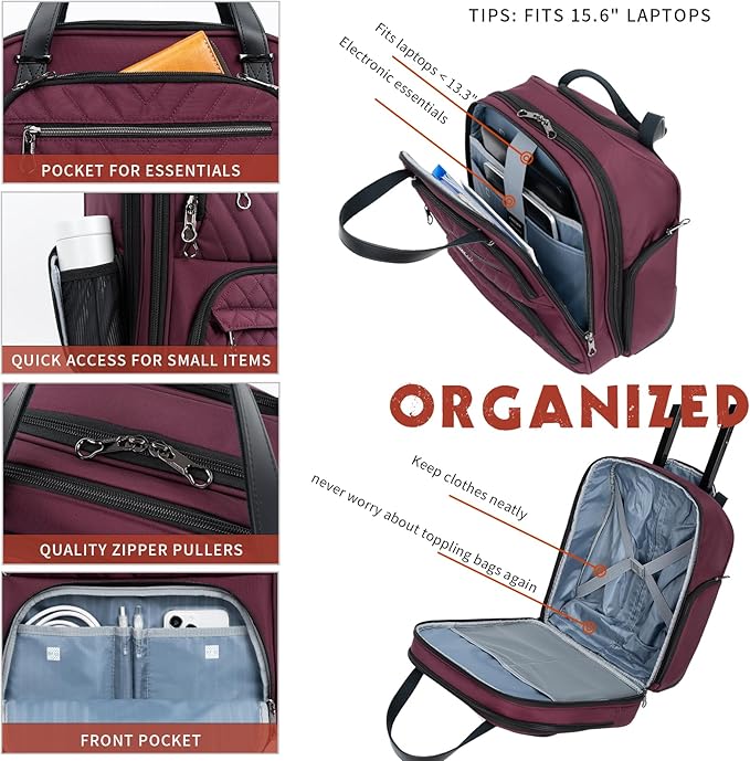 KROSER Carry On Underseat Multi-functional, 16-inch Underseater Lightweight Overnight Suitcase for Women, Burgundy