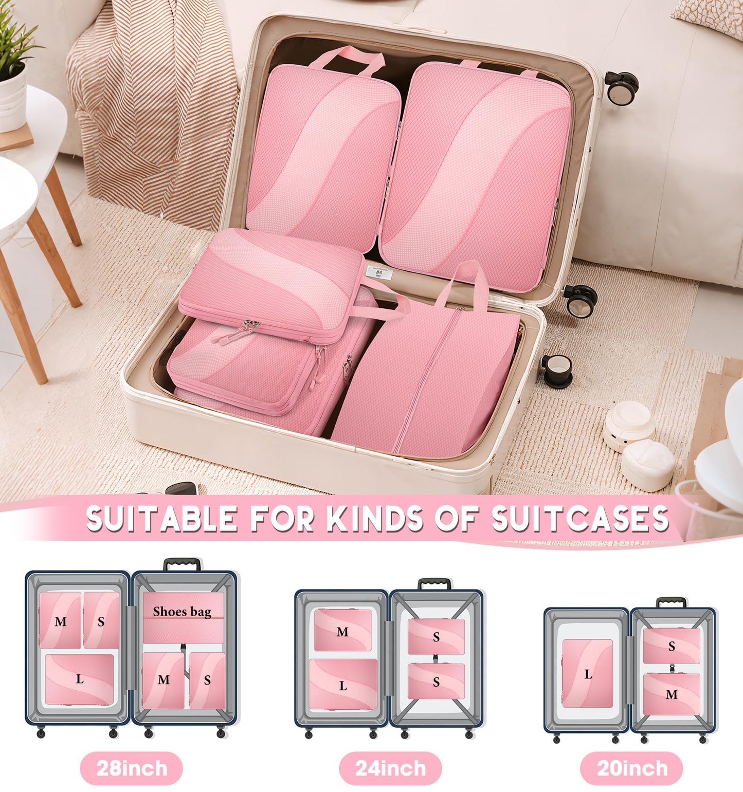 8 Set Compression Packing Cubes Travel, Expandable Travel Cubes for Carry on Luggage, Suitcase Organizer Compression Bags for Travel Essentials, Pink