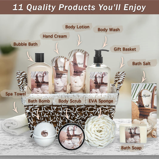 Spa Baskets For Women - Luxury Bath Set With Coconut & Vanilla - Spa Kit Includes Wash, Bubble Bath, Lotion, Bath Salts, Body Scrub, Hand Cream, Shower Puff, Bathbombs, Soap and Towel