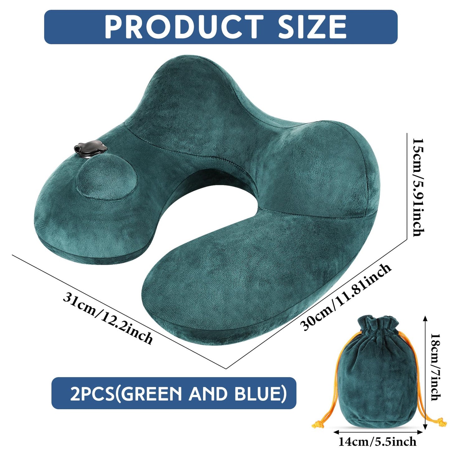 Xtinmee 2Pcs Self-Inflatable Pillow Soft Airplane Travel Pillow with Compact Bag for Long Flight Neck Cushion for Head Support Car Home Office 12.2x11.81x5.91in(Peacock Green, Blue)