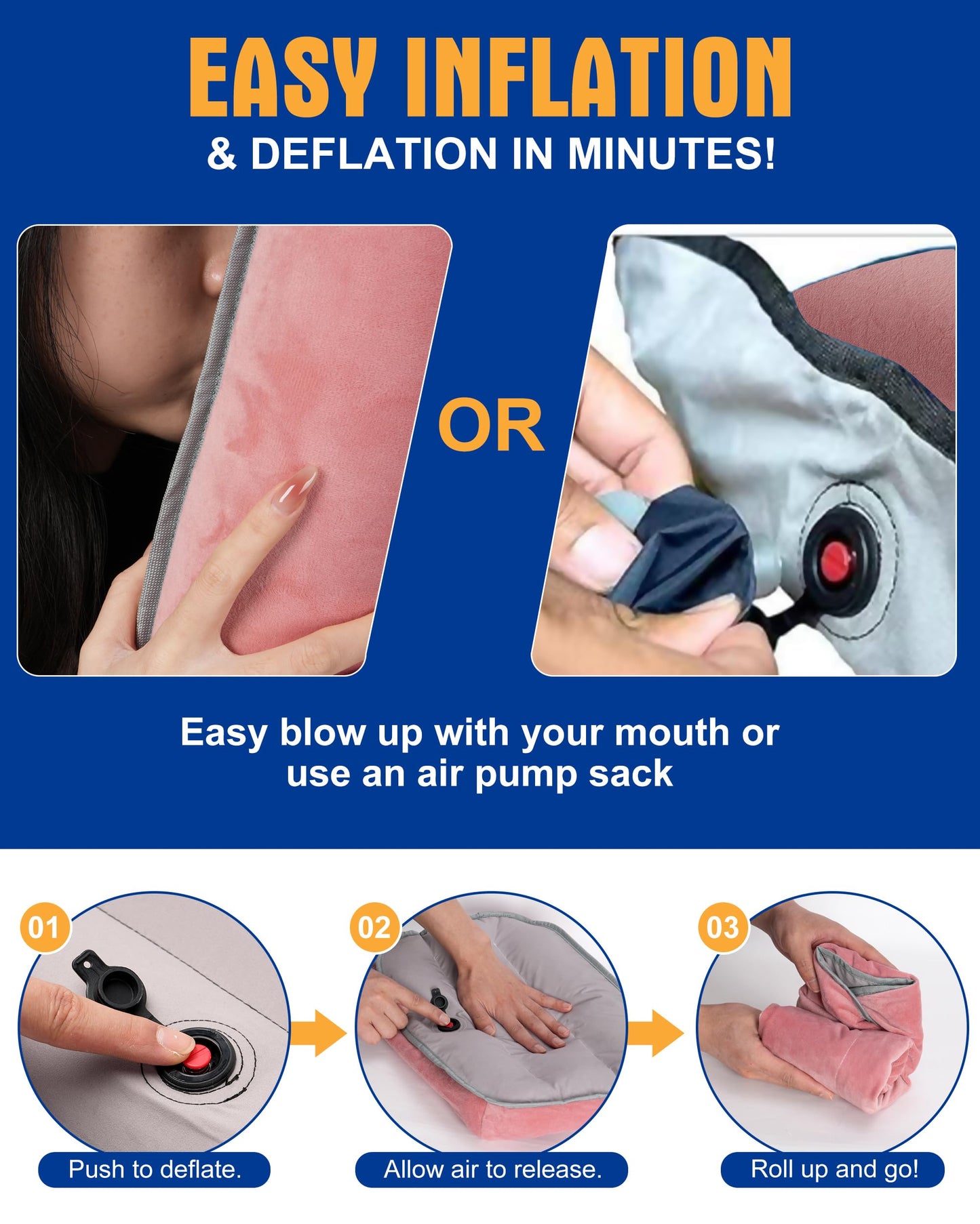 Kampair Ultralight Inflatable Camping Pillow for Sleeping – Soft Velvet Cover, Compact & Portable, Ergonomic Neck Support, Machine Washable Air Pillow, Perfect for Travel, Hiking, Backpacking – Pink