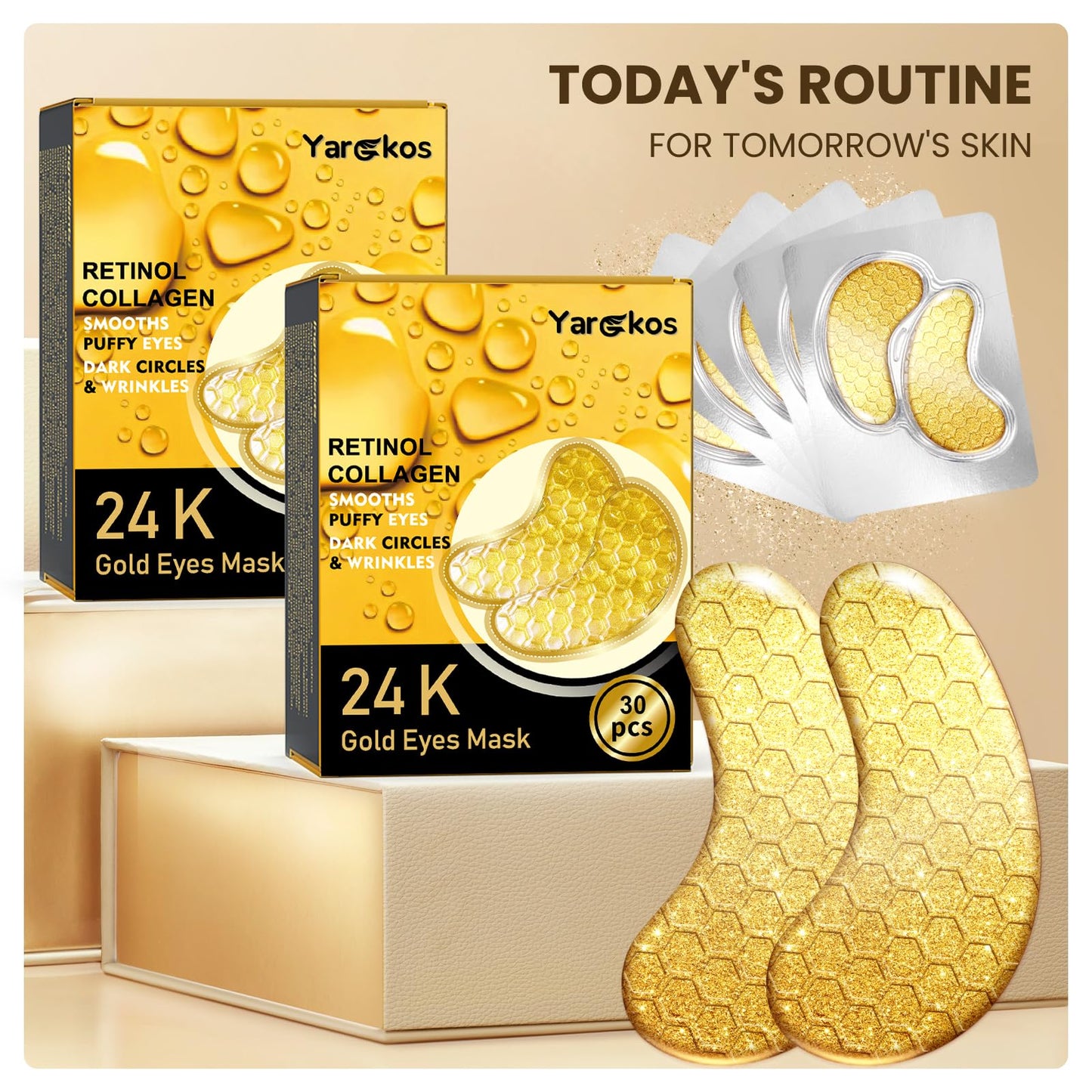 Yargkos 30 Pcs 24K Gold Under Eye Patches Kit, Collagen Golden Eye Mask for Puffy Eyes, Dark Circles, Women Travel Undereye Gel Pads for Puffiness Wrinkle, Men Cooling Hydrating Eye Skin Care