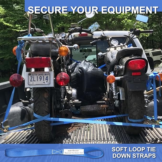 Cartman Ratchet Tie Down Straps 4PK 2,000lb Max Break Strength with Premium 1" x 15' Rachet Tie Downs with Padded Handles, 4PK 1" x 18" Soft Loop for Moving, Securing Cargo