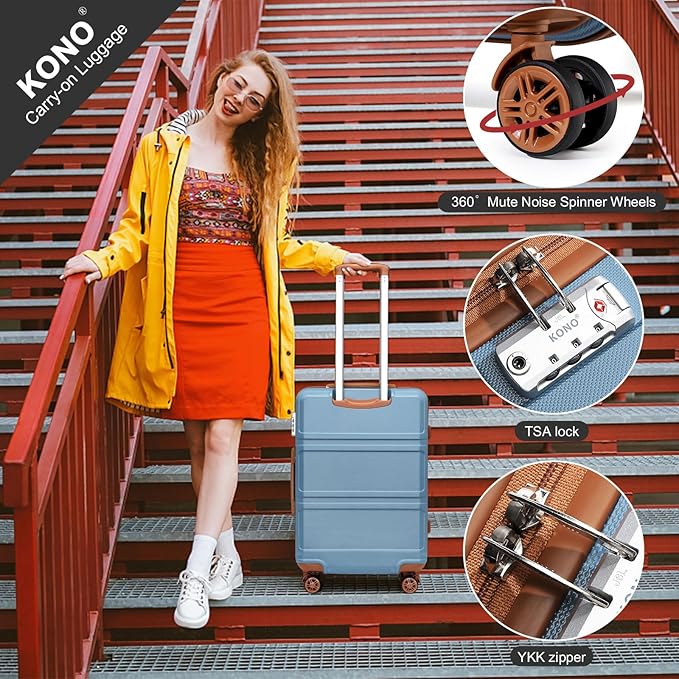 Kono Luggage Set 4 Piece Carry On Hardside Luggage with TSA Lock Spinner Wheels Carry On Suitcase Apricot Blue