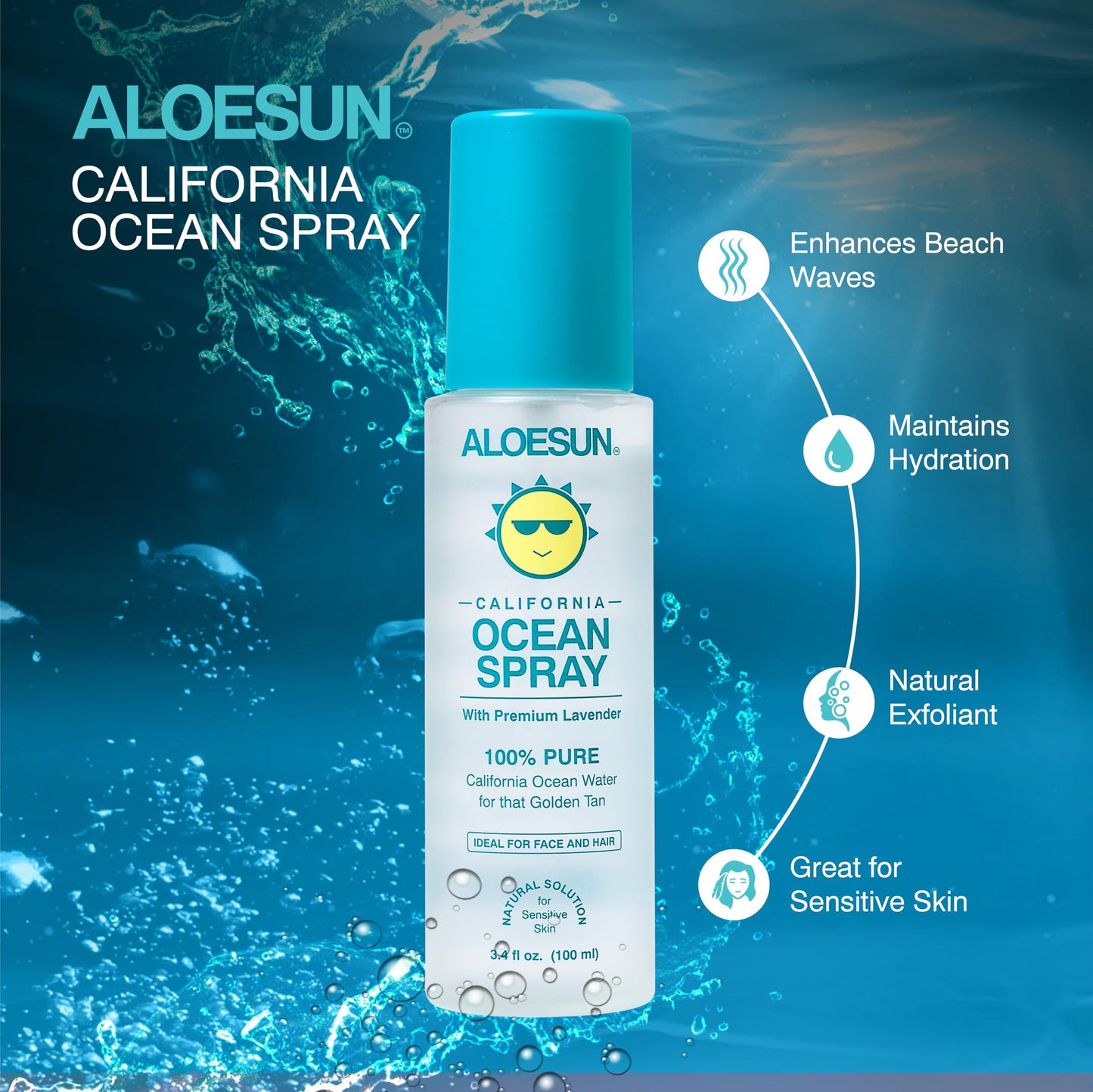 ALOESUN Ocean Spray | Pure California Sea Salt Water Face Mist Infused with Organic Lavender Essential Oil for Tanning | Hair & Scalp Exfoliating Solution | Facial Moisturizer | Travel Size 3.4 Fl Oz